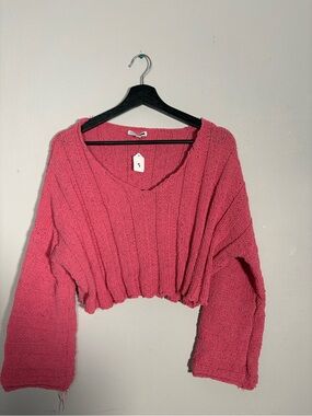 Fashion Nova Pink Cropped Chunky Knit V-Neck Sweater